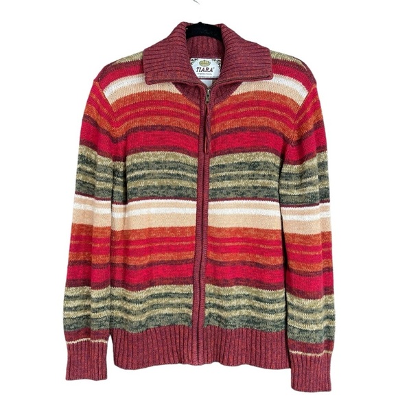 Vintage Tiara International Stripe Full Zip Sweater Women's Size Large - Picture 1 of 12